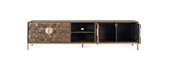 GINER Y COLOMER - Meuble TV 4 portes en bois de manguier avec structure métal, finition noyer et doré, 190x50x40 cm